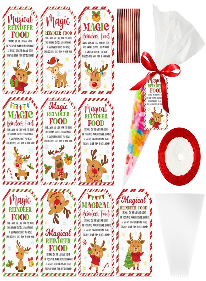 CPicdn 100 Set Christmas Cellophane Treat Bags with Reindeer Gift Tags Twist Ties, Christmas Cone Shaped Party Favor Goodie Bags for Candy Cookies, Xmas Winter Holiday Party Supplies Favor Gifts - Image 1